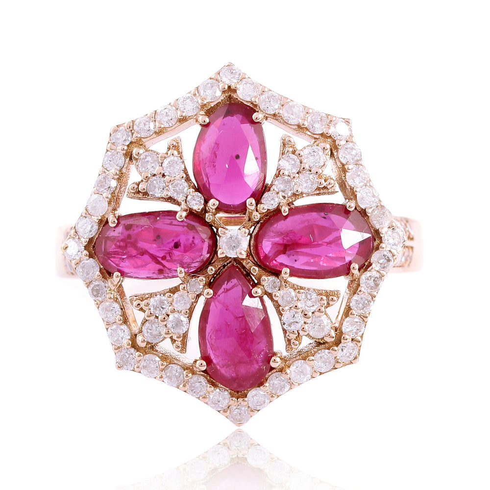 Red Slice Ruby July Birthstone Pave Diamond Antique Ring Made In 18K Rose Gold