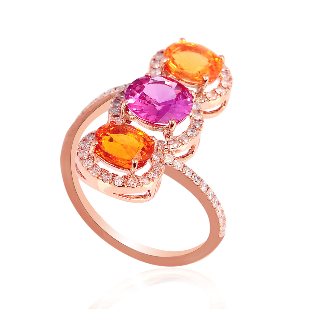 18K Rose Gold Multi Sapphire September Birthstone Pave Diamond Three Stone Ring For Her