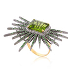 Prong Set Peridot Tsavorite Diamond Sunburst Design Big Cocktail Ring in Silver 14K Gold