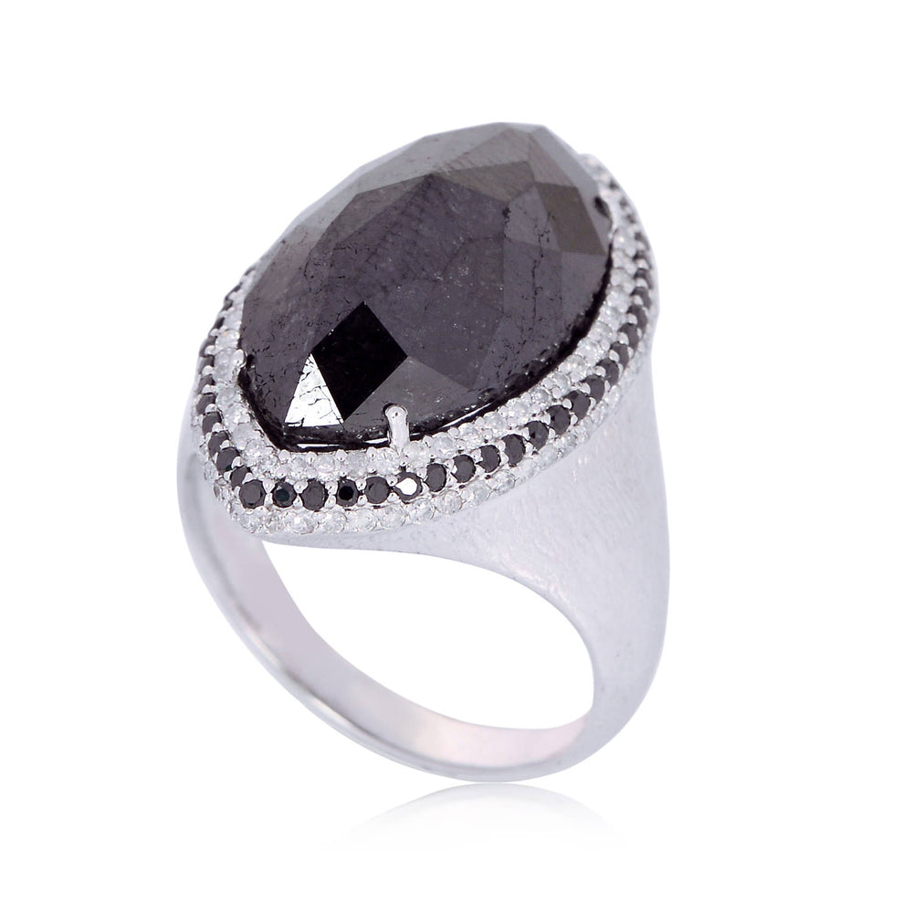 18K White Gold Marquise Cut Black & White Diamond Cocktail Ring For Her