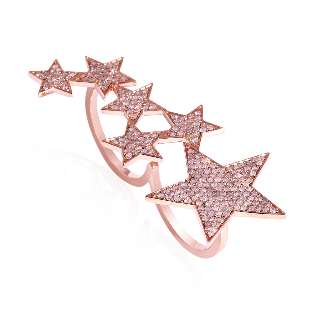 18K Rose Gold Pave Natural Diamond Star Design Two Finger Ring For Women's