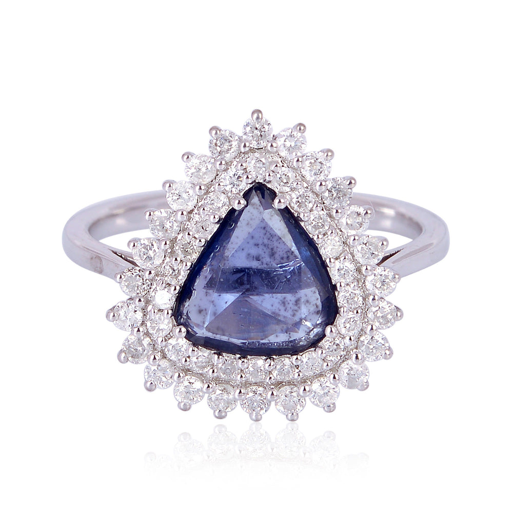 18K White Gold Slice Blue Sapphire Prong Diamond Wedding Ring For Her