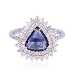 18K White Gold Slice Blue Sapphire Prong Diamond Wedding Ring For Her