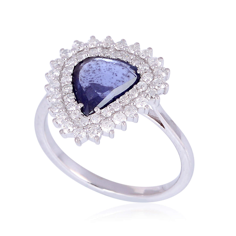 18K White Gold Slice Blue Sapphire Prong Diamond Wedding Ring For Her