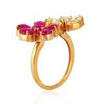 18K Yellow Gold Prong Rose Cut Diamond Pear Ruby Between The Finger Flower Ring For Her