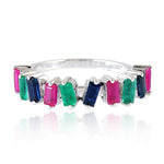 Baguette Emerald Ruby Blue Sapphire Half Eternity Ring In 18K White Gold Jewelry For Women's