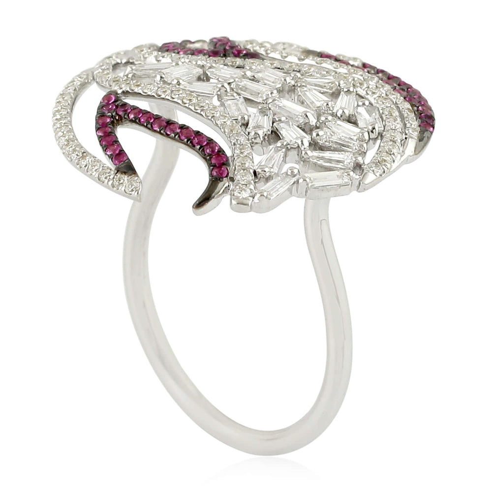 Pink Sapphire Gemstone Natural Baguette Diamond Cocktail Ring In White Gold