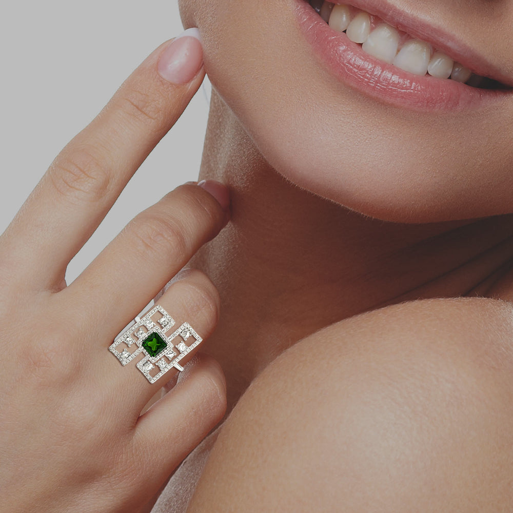 Square Chrome Diopside Prong Uncut Diamond Geometric Ring In White Gold For Her