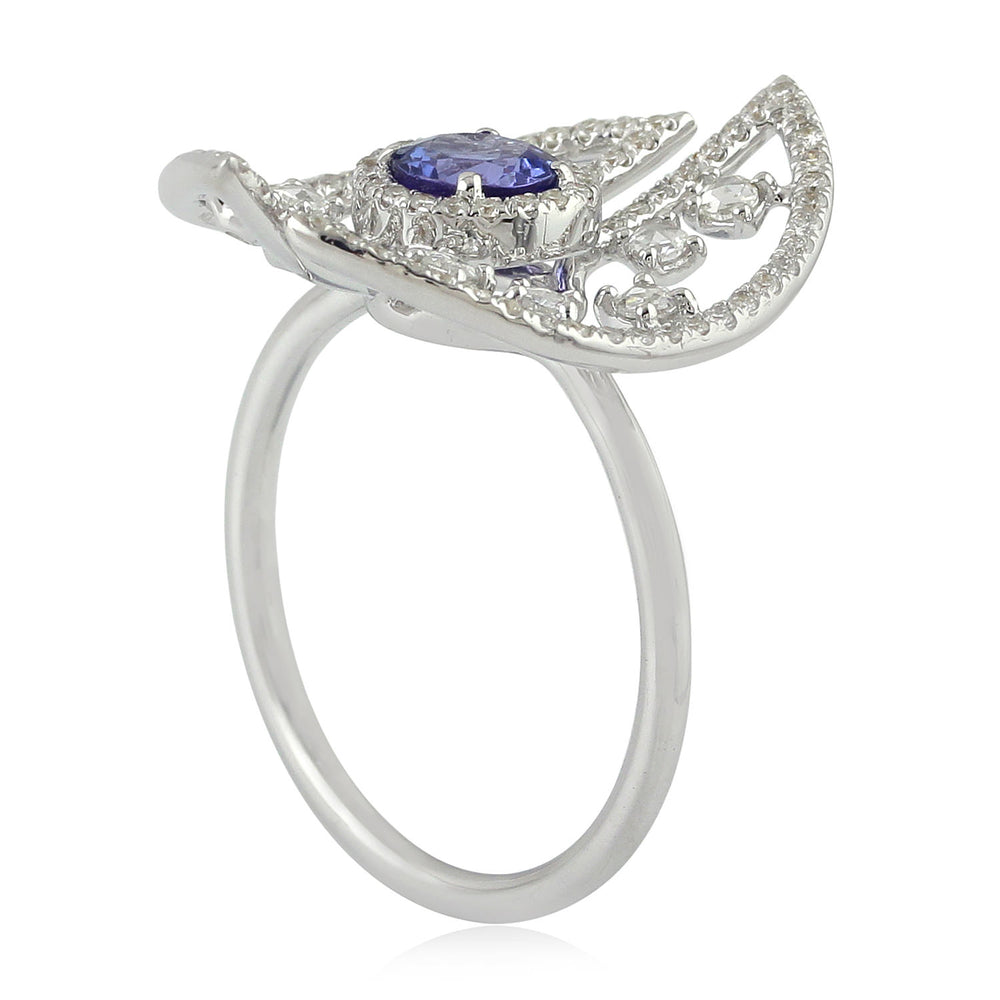 18K White Gold Rose Cut Diamond Prong Tanzanite December Birthstone Cocktail Ring