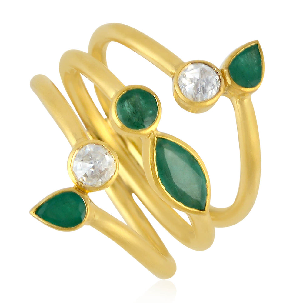 18K Yellow Gold Bezel Set Rose Cut Diamond Between the Finger Ring Natural Emerald Jewelry