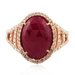 Oval Ruby Natural Rose Cut Diamond Beautiful Cocktail Ring 18K Rose Gold Jewelry For Her