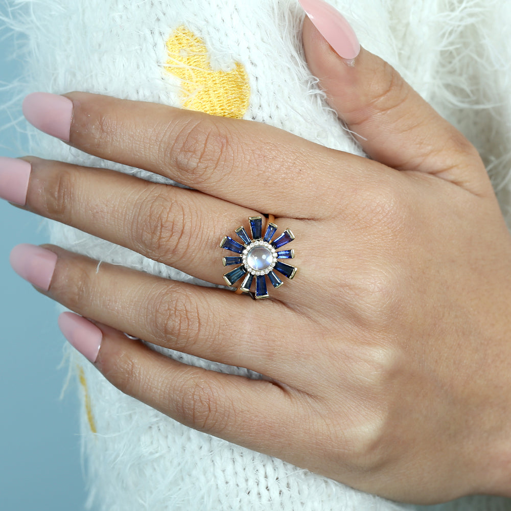 Baguette Blue Sapphire Round Moonstone Pave Diamond Sunburst Ring In Yellow Gold