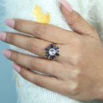 Baguette Blue Sapphire Round Moonstone Pave Diamond Sunburst Ring In Yellow Gold