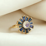 Baguette Blue Sapphire Round Moonstone Pave Diamond Sunburst Ring In Yellow Gold