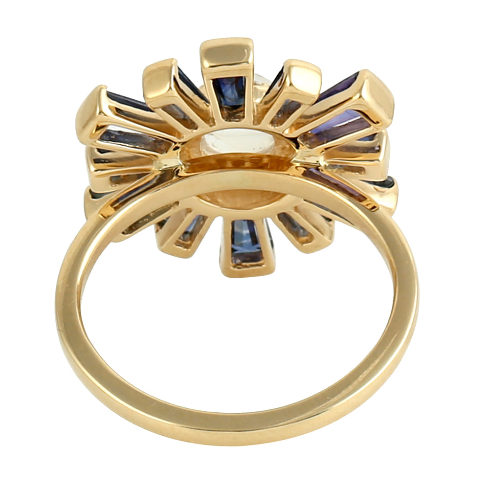 Baguette Blue Sapphire Round Moonstone Pave Diamond Sunburst Ring In Yellow Gold