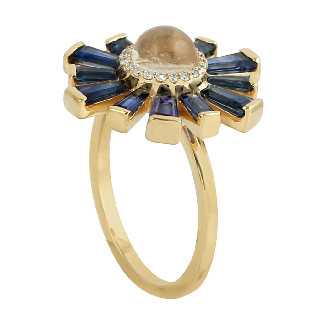 Baguette Blue Sapphire Round Moonstone Pave Diamond Sunburst Ring In Yellow Gold