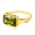 18K Yellow Gold Octagon Peridot August Birthstone Round Ruby Pave Diamond Designer Ring Jewelry