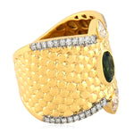 Oval Chrome Tourmaline Bezel Set Rose Diamond Ethnic Band Ring 18K Solid Gold For Unisex