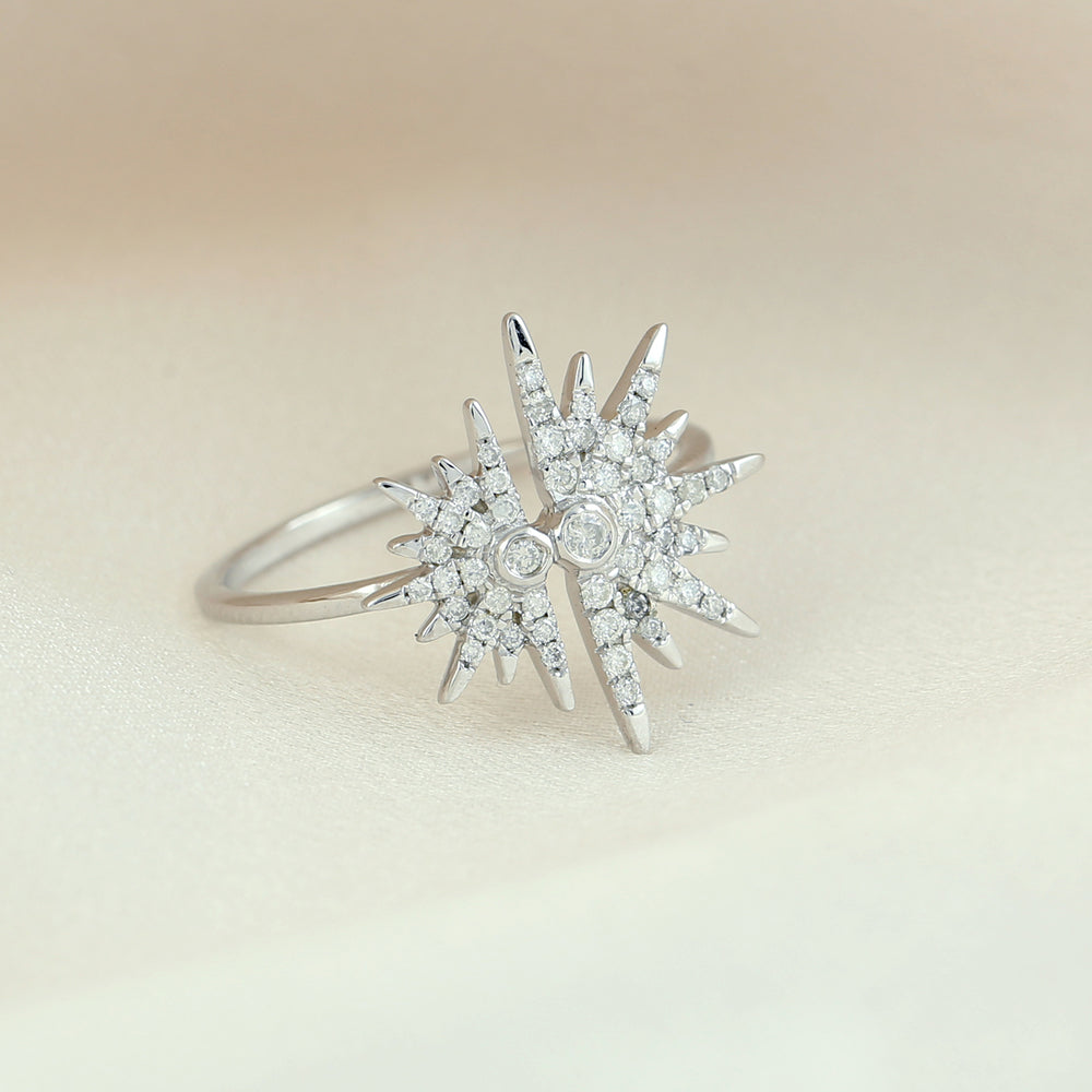 Natural Micro Pave Diamond Starburst Ring 14K White Gold For Gifts