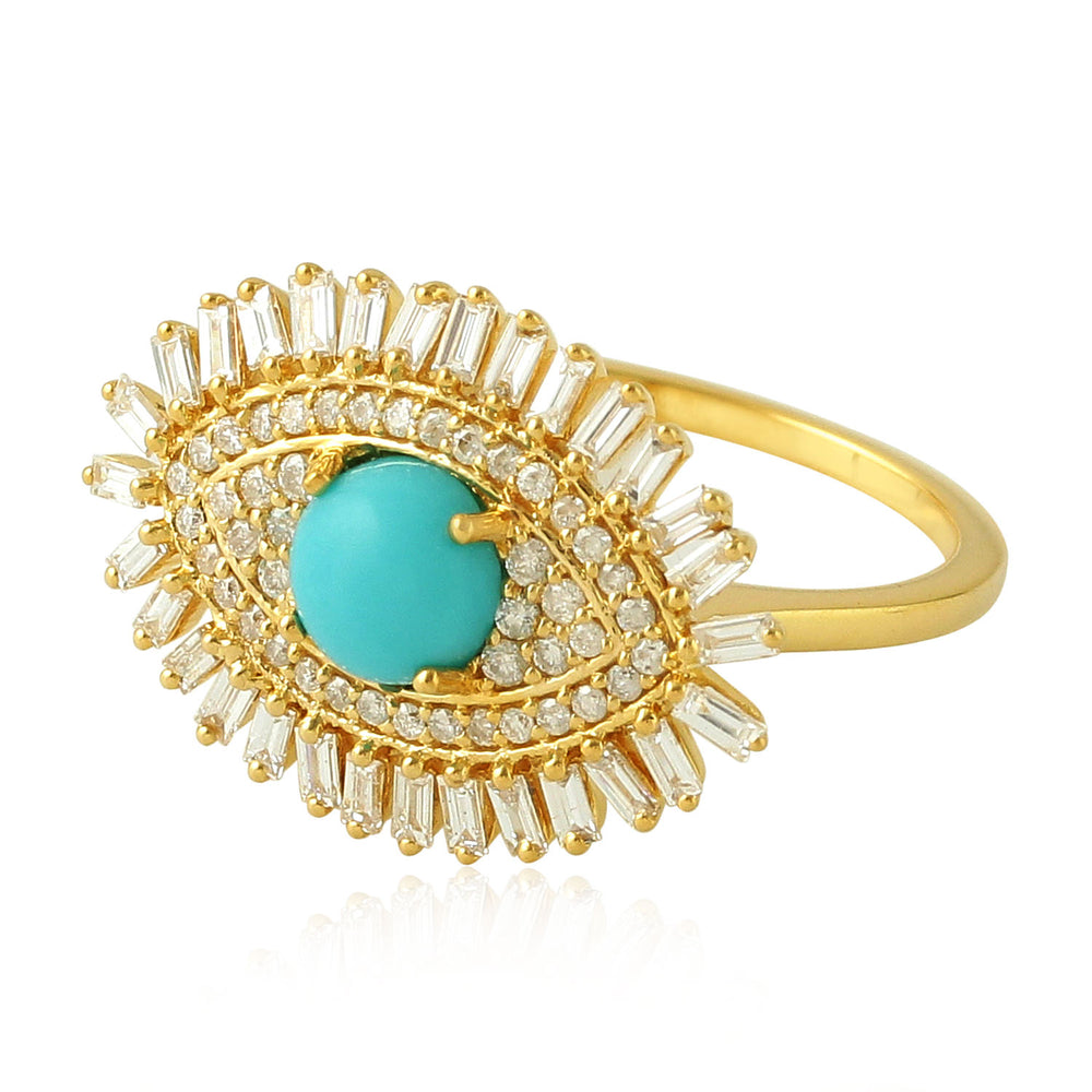 18K Yellow Gold Prong Natural Baguette Diamond Round Turquoise Evil Eye Ring Jewelry For Her