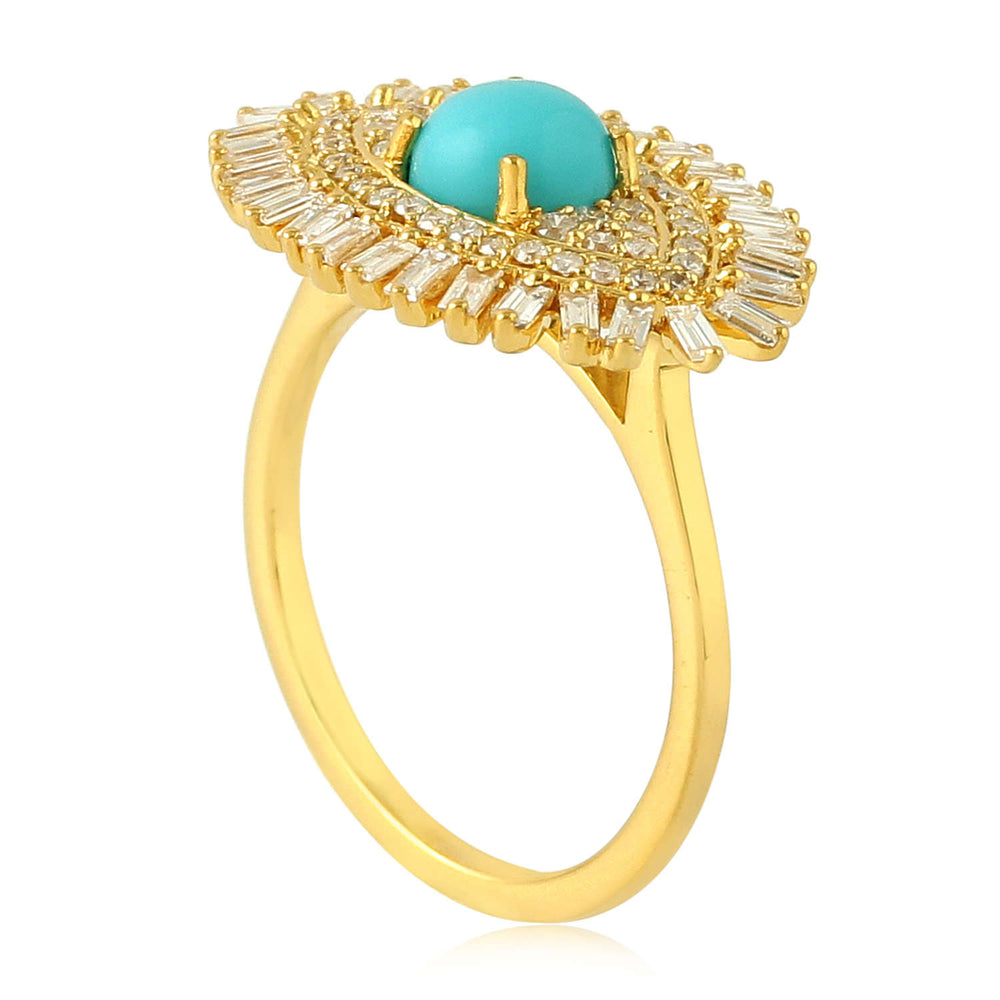 18K Yellow Gold Prong Natural Baguette Diamond Round Turquoise Evil Eye Ring Jewelry For Her