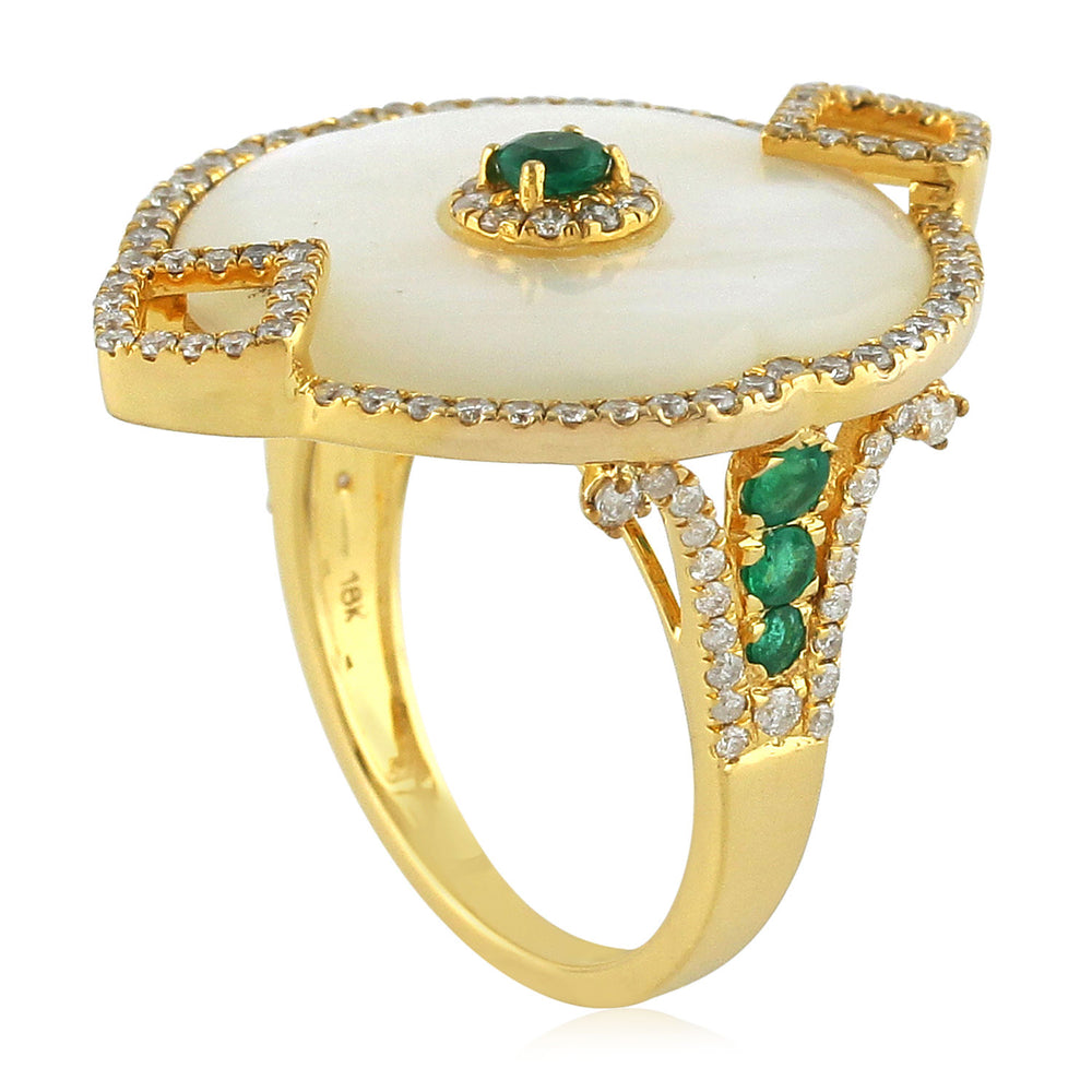 Fancy Cut MOP Round Emerald Prong Diamond Wedding Ring Made In 18K Solid Gold Jewelry