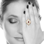 Marquise Cut MOP Pear Cut Ruby Pave Diamond Long Ring In 18K Rose Gold