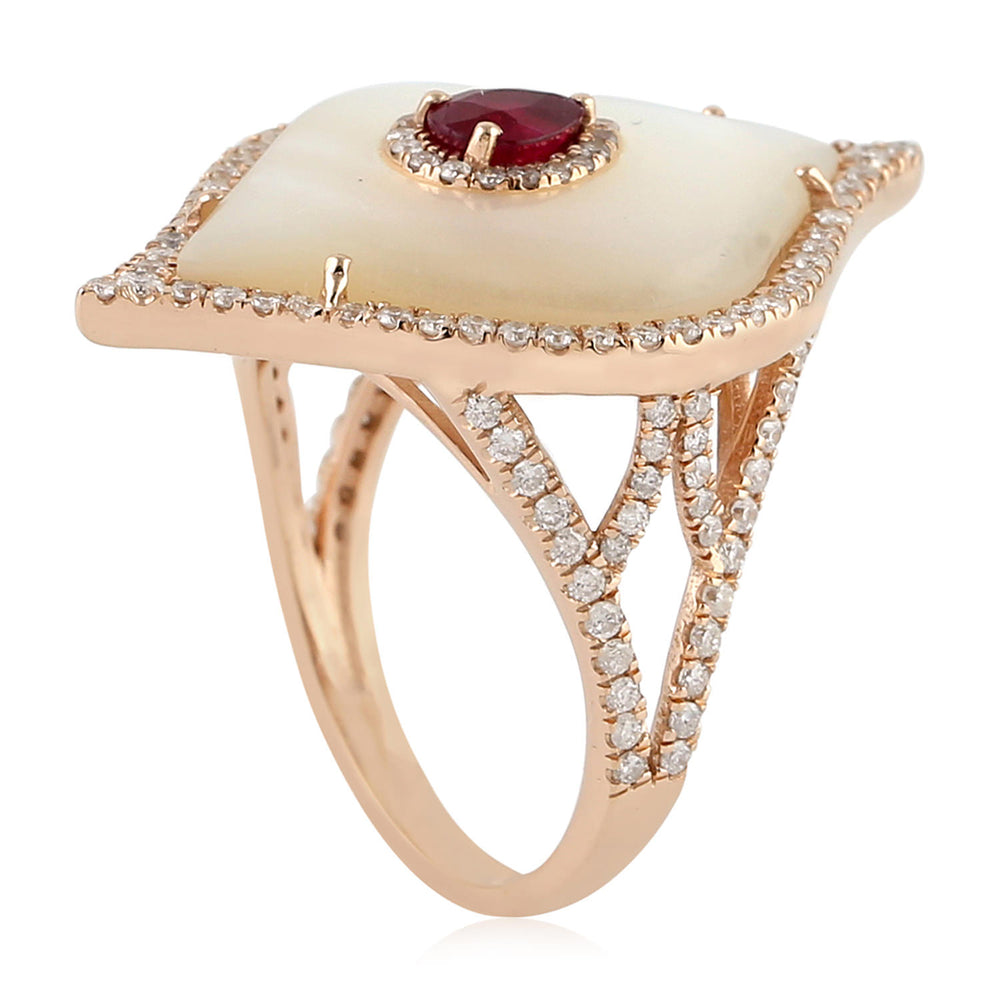 Marquise Cut MOP Pear Cut Ruby Pave Diamond Long Ring In 18K Rose Gold