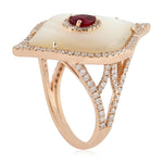 Marquise Cut MOP Pear Cut Ruby Pave Diamond Long Ring In 18K Rose Gold