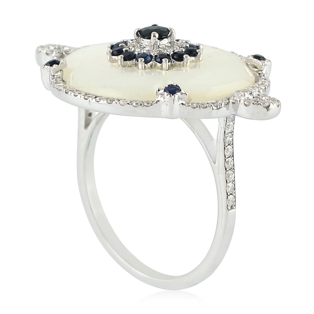 Fancy Cut MOP Round Blue Sapphire Pave Diamond Clover Cocktail Ring In 18K White Gold