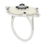 Fancy Cut MOP Round Blue Sapphire Pave Diamond Clover Cocktail Ring In 18K White Gold