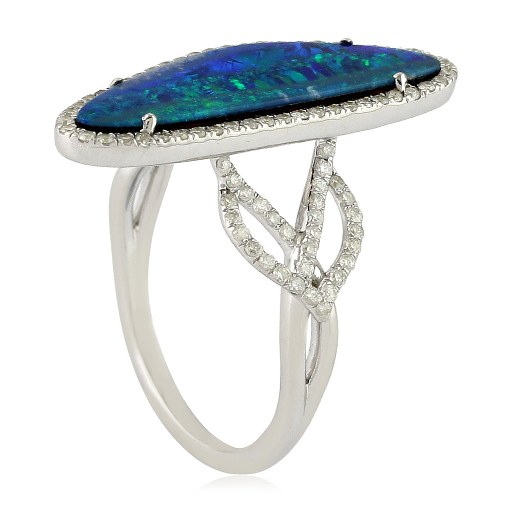 Cabouchon Opal Doublet Micro Pave Diamond Designer Ring Made In 18K White Gold Jewelry