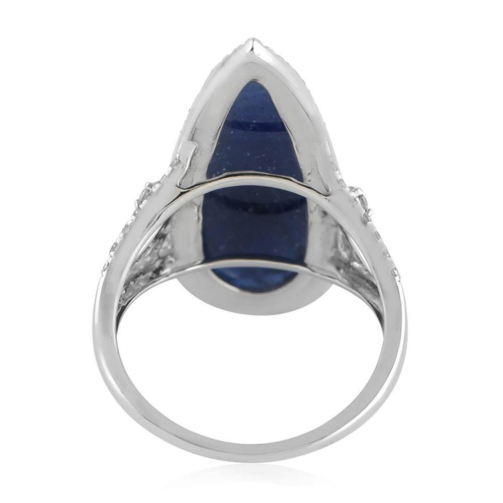 Natural Pear Blue Sapphire Prong Rose Cut Diamond Cocktail Ring 18K White Gold Jewelry