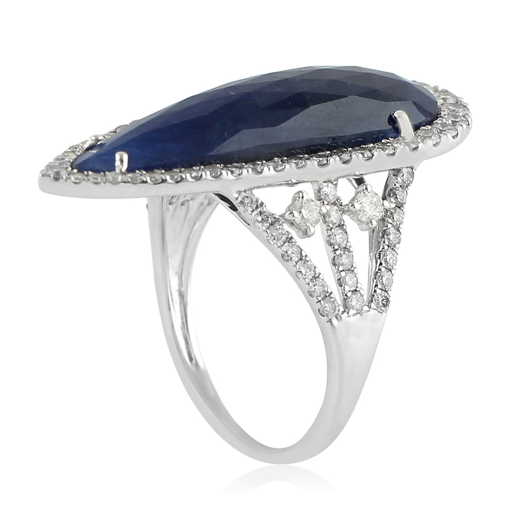 Natural Pear Blue Sapphire Prong Rose Cut Diamond Cocktail Ring 18K White Gold Jewelry