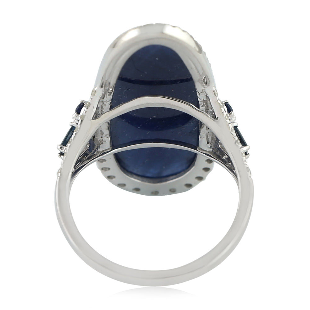 Egg Cut Blue Sapphire September Birthstone Prong Diamond Antique Ring Made In 18K White Gold