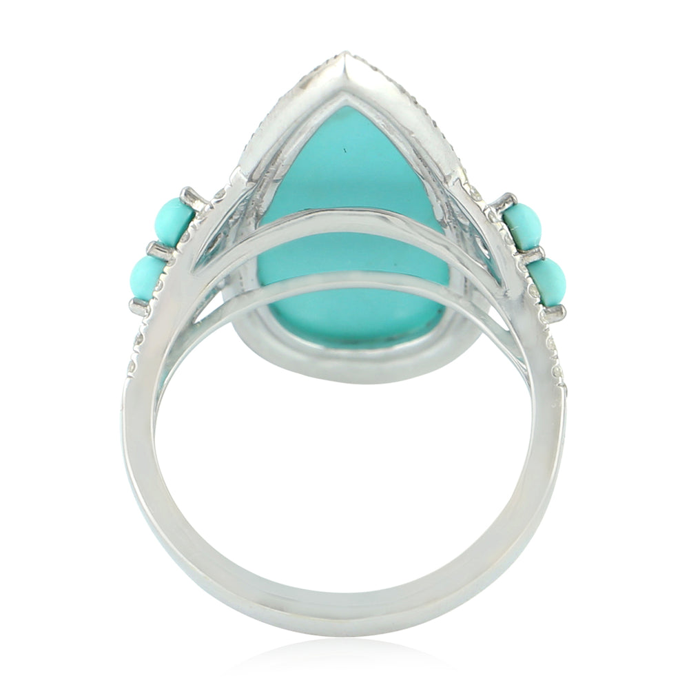 Pear Cut Turquoise Gemstone Pave Diamond Long Ring In 18K White Gold