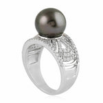 18K White Gold Diamond Bezel Black Green Tahitian Pearl Deluxe Rainbow Engagement Ring