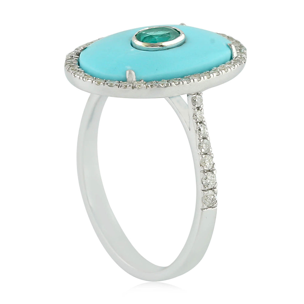 18K White Gold Oval Cut Emerald Fancy Cut Turquoise Cocktail Ring For Women's