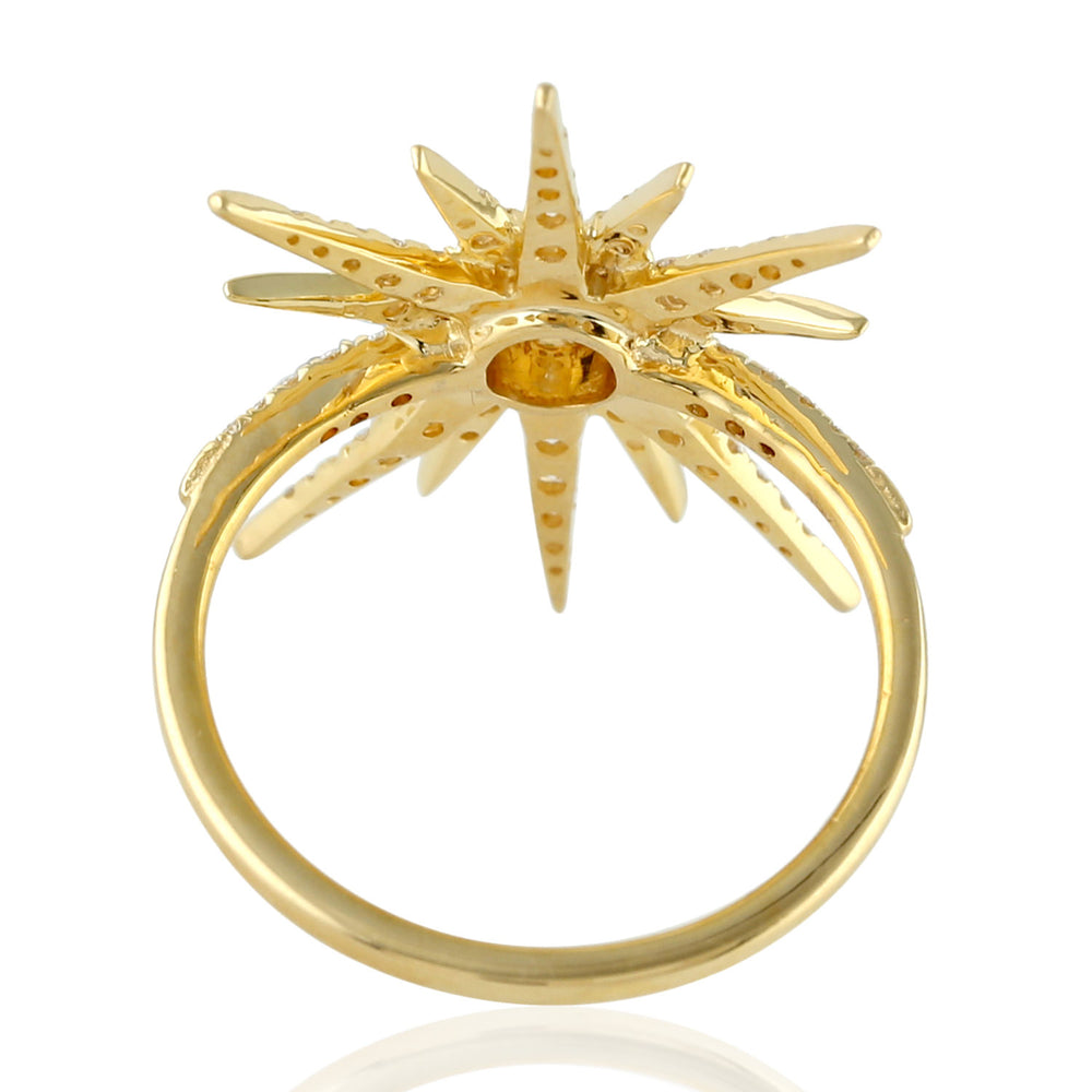 Micro Pave Natural Diamond Handmade Sunburst Design Ring In 18K Yellow Gold