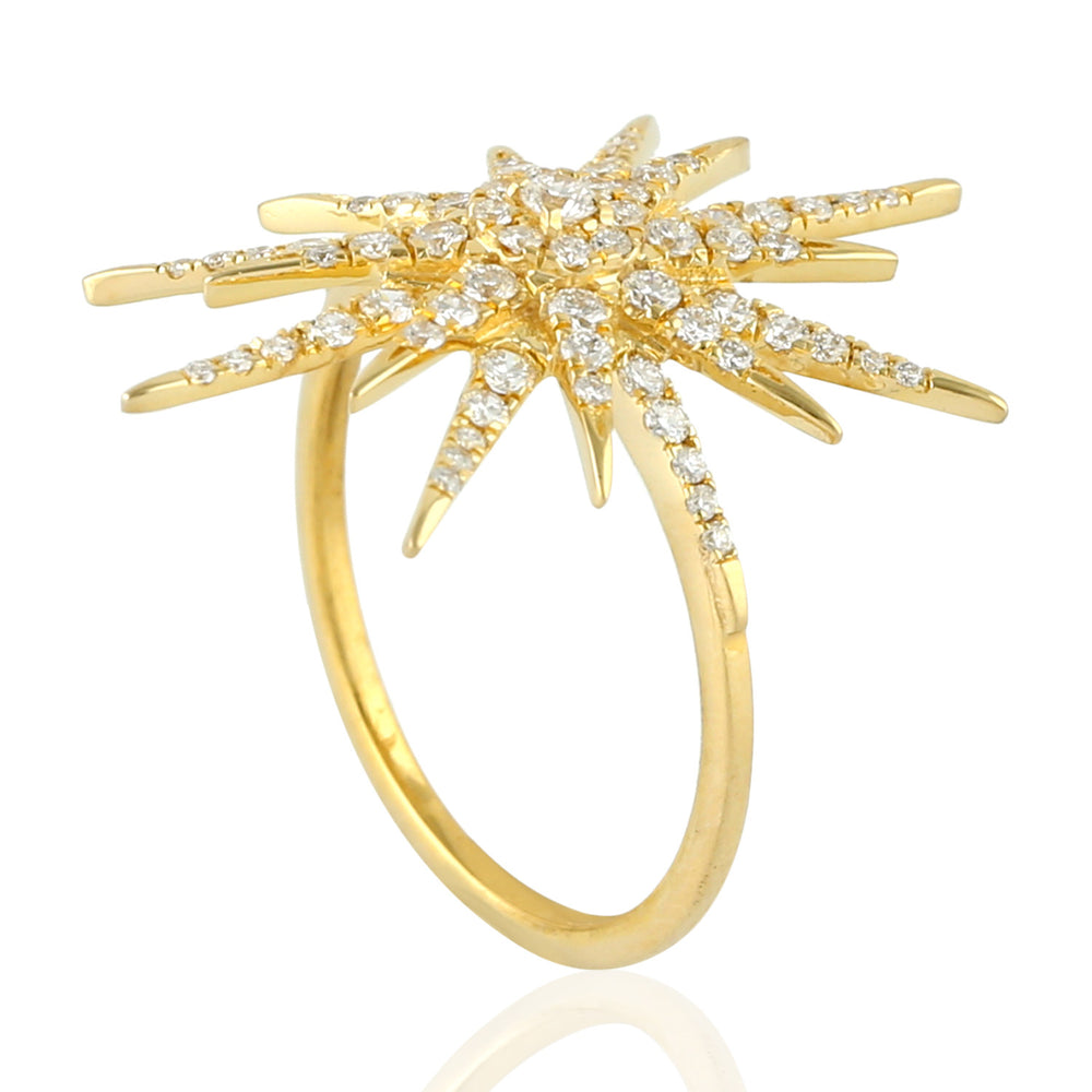 Micro Pave Natural Diamond Handmade Sunburst Design Ring In 18K Yellow Gold