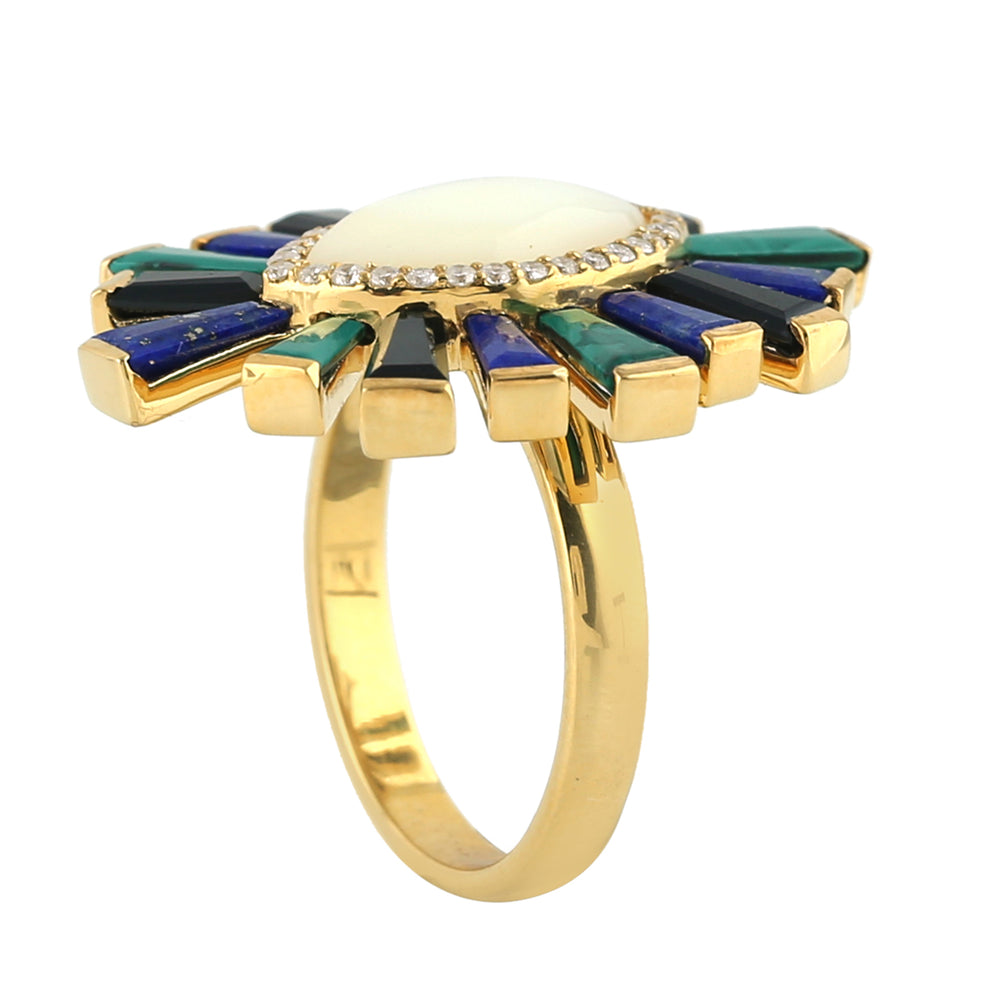 Marquise MOP Baguette Spinel Multi Gemstone Marquise Ring Pave Diamond In Yellow Gold