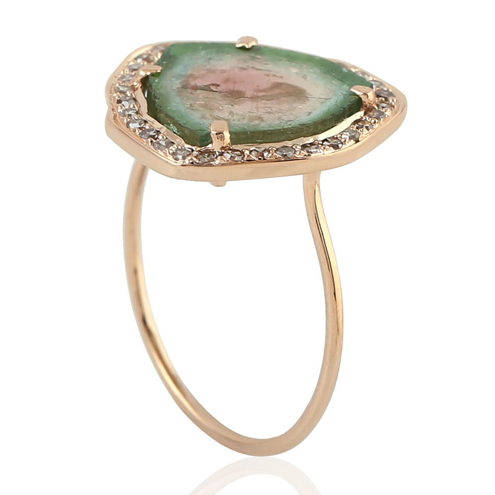 14K Rose Gold Pave Diamond Unshaped Melon Tourmaline Cocktail Ring Jewelry