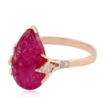 Pear Cut Carved Ruby July Birthstone 18K Rose Gold Prong Diamond Cocktail Ring