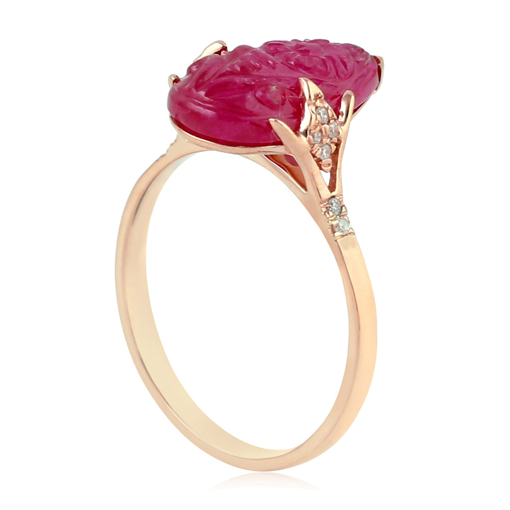 Pear Cut Carved Ruby July Birthstone 18K Rose Gold Prong Diamond Cocktail Ring