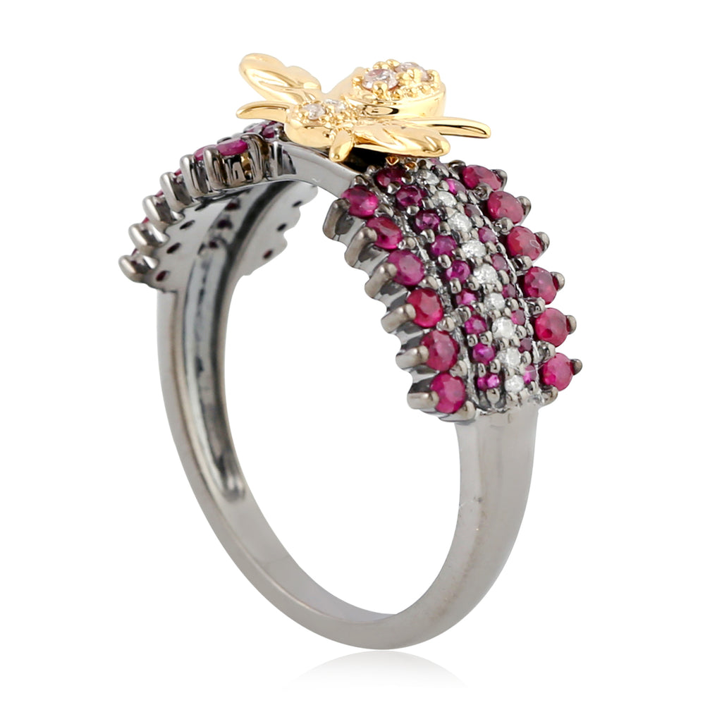 Housefly Design Band Ring Ruby July birthstone Diamond In 18k Oxidized Gold