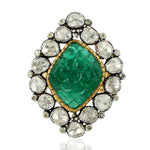 Carved Emerald Uncut Diamond Bezel Set 18K Solid Gold Silver Vintage Ring Jewelry For Her