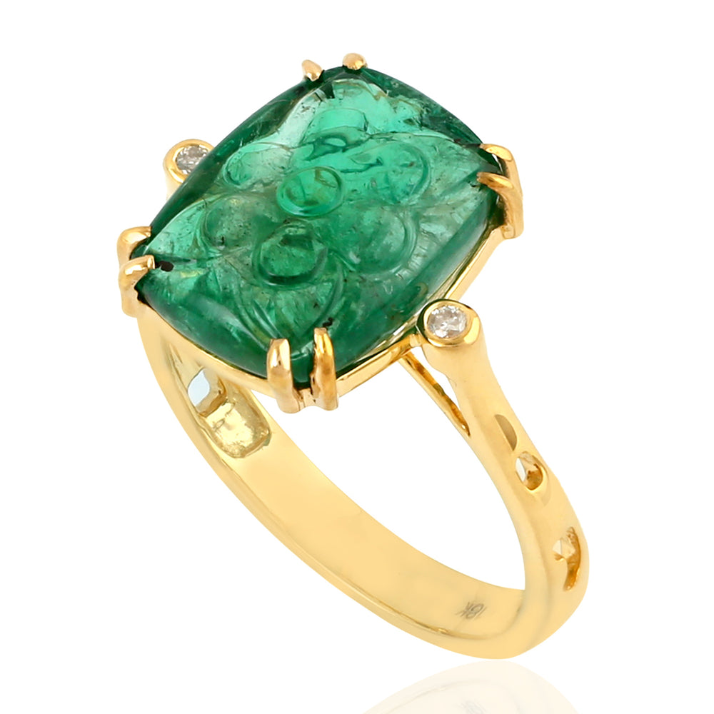 Carved Cushion Emerald Bezel Natural Diamond 18K Solid Gold Handmade Ring Jewelry