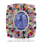 Natural Oval Tanzanite Prong Multi Sapphire Diamond Elegant Ring Made In 18K White Gold