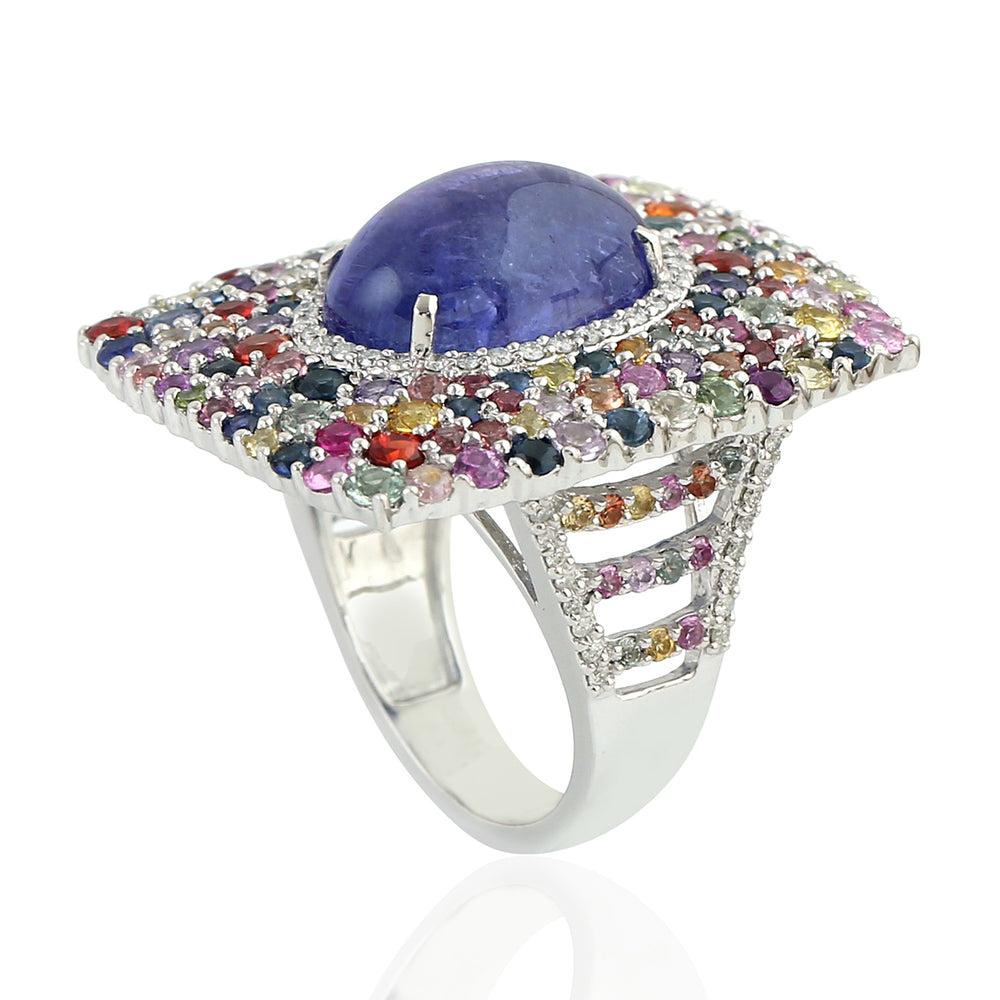 Natural Oval Tanzanite Prong Multi Sapphire Diamond Elegant Ring Made In 18K White Gold