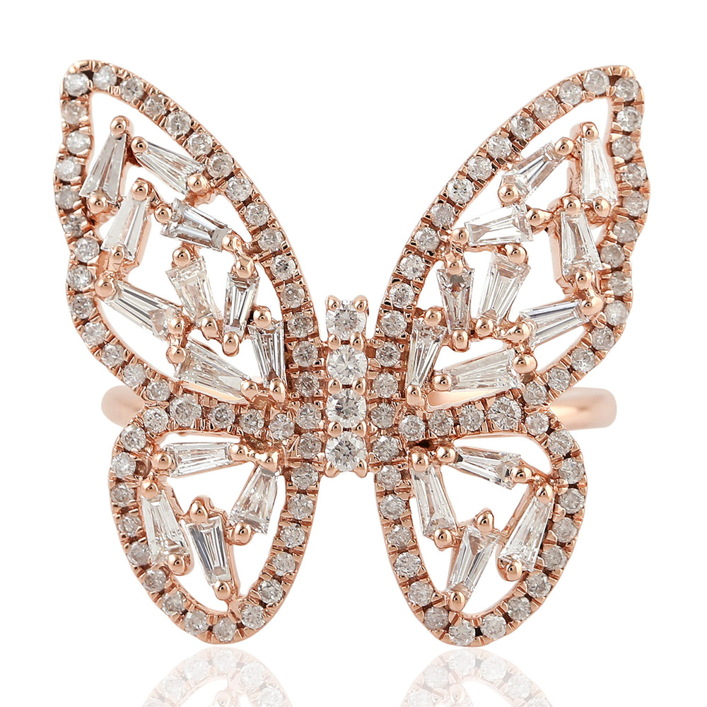 Baguette Cut Diamond Handmade Butterfly Design Ring In 18K Rose Gold